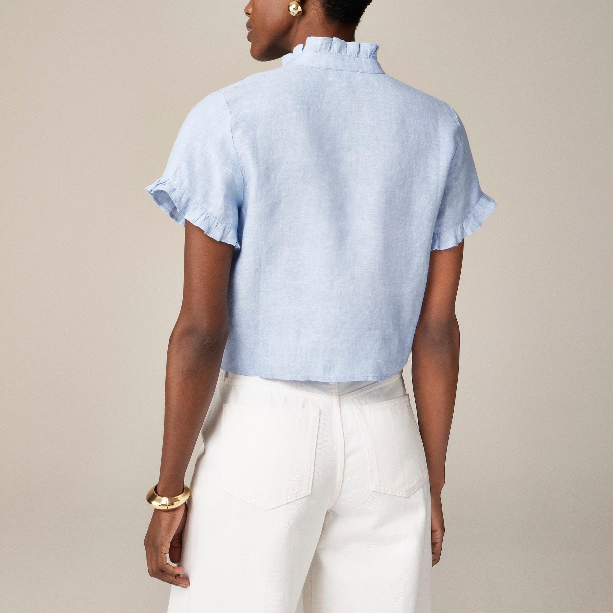 Ruffle-trim button-up shirt in linen Product Image