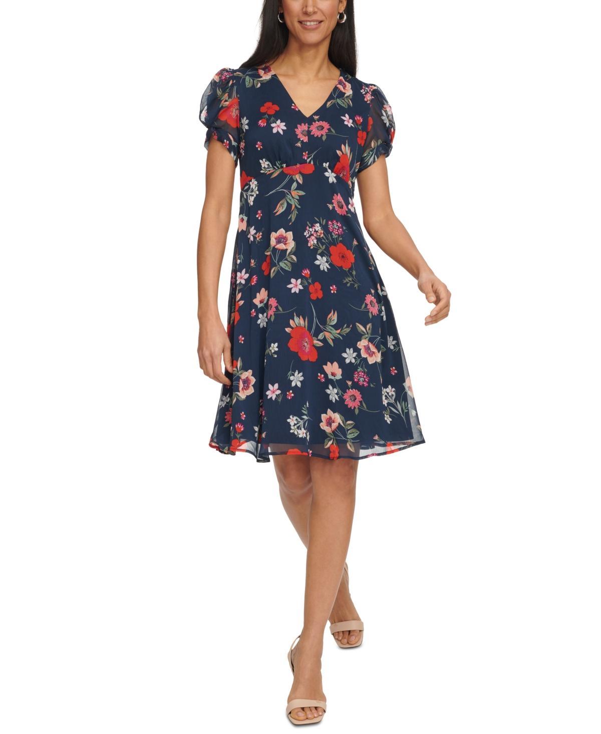 Calvin Klein Womens Printed Chiffon Tulip-Sleeve Dress Product Image