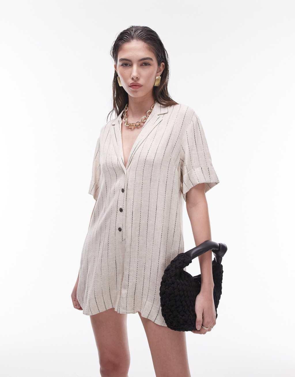 Topshop button down romper in natural stripe Product Image