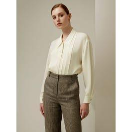 Pleated Point Collar Silk Blouse Product Image