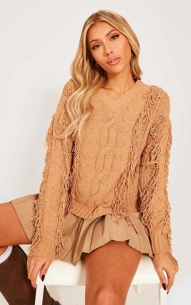 Tan Chenille Long Sleeve Cable Knit Pullover Sweatshirt product image