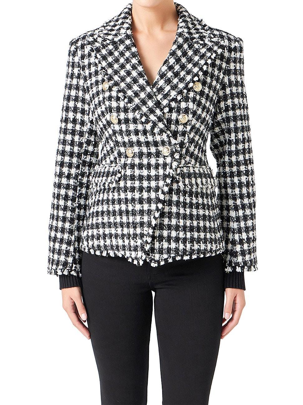 Womens Checked Tweed Blazer - Black Product Image