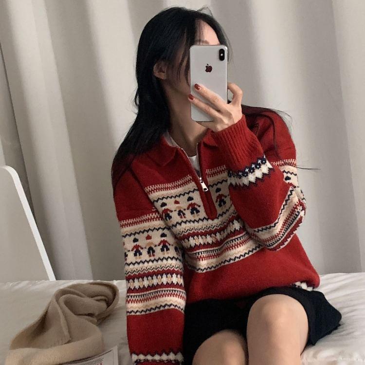 Long-Sleeve Christmas Patterned Half-Zip Polo-Neck Sweater Product Image