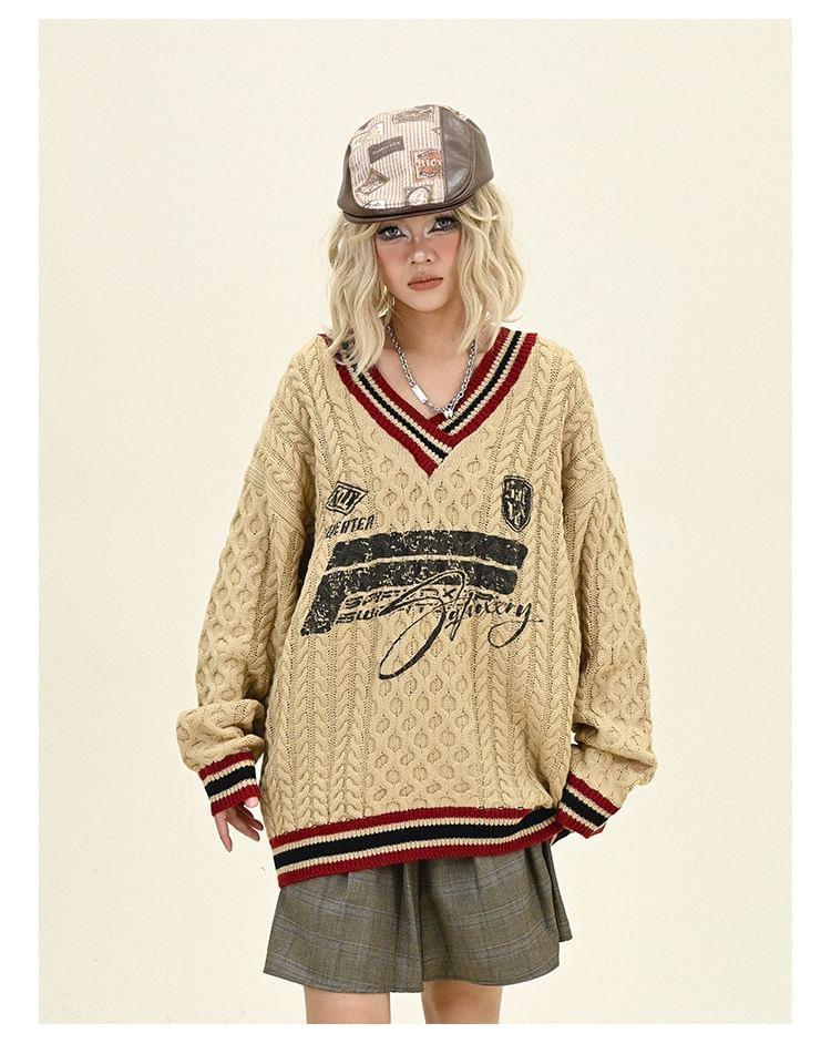 V-Neck Lettering Print Striped Cable Knit Sweater Product Image