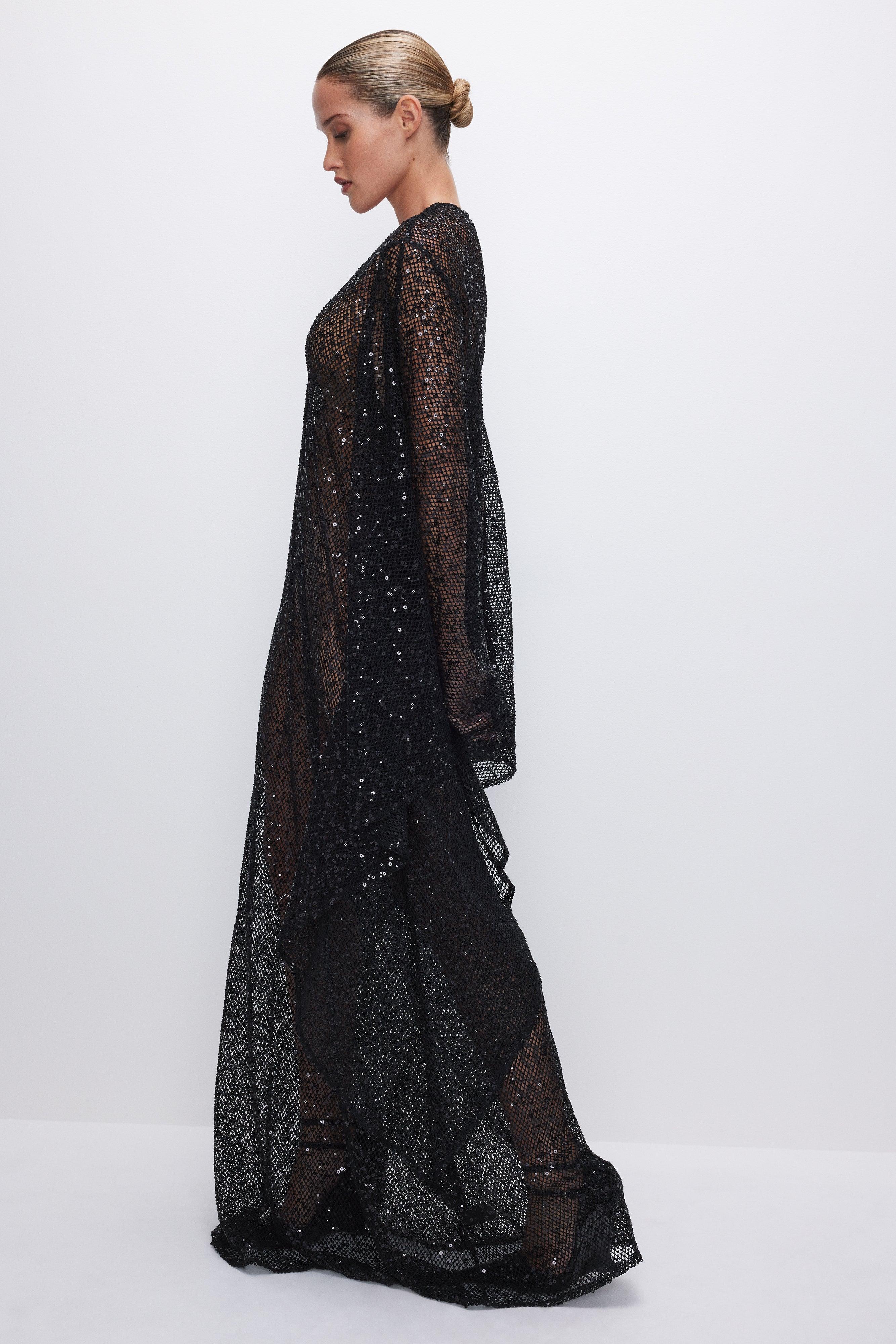 SEQUIN CROCHET CAFTAN | BLACK001 Product Image