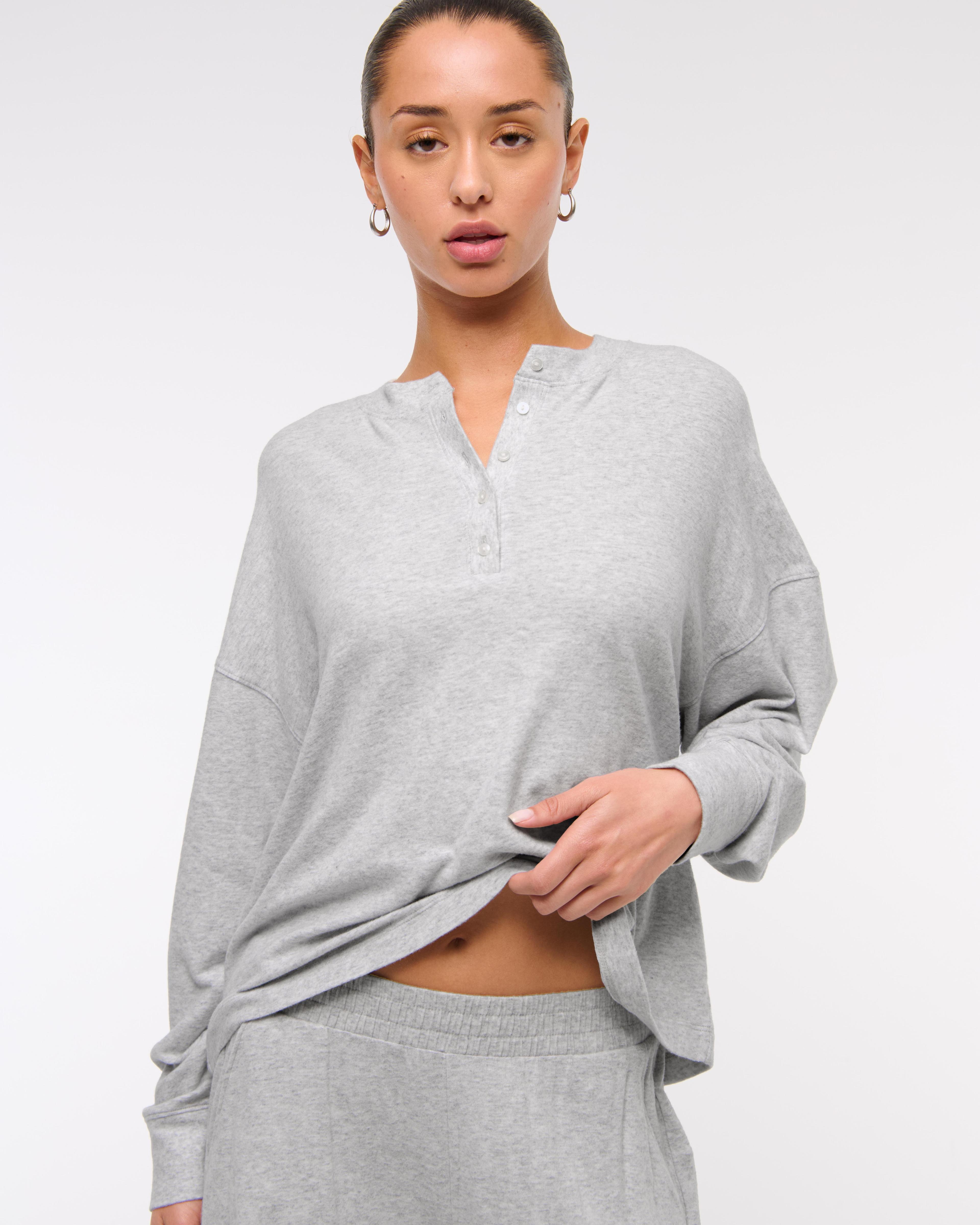 Long-Sleeve Cozy Lounge Knit Oversized Henley Top Product Image