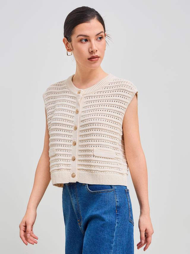 Knitted Round Neckline Solid Button Crop Vest Product Image