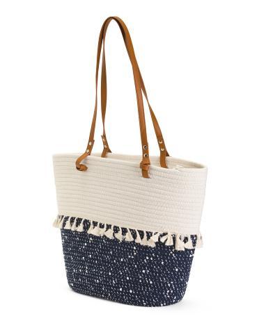 Cotton Woven Color Block Tassel Tote for Women | Leather Product Image