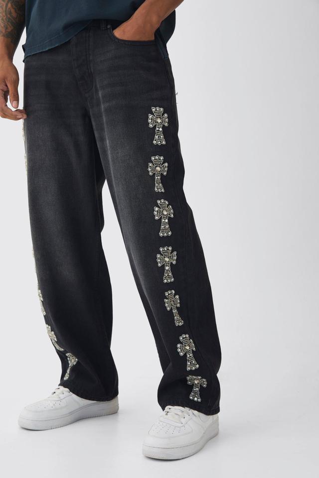 Baggy Rigid Embellished Cross Jeans | boohooMAN USA Product Image