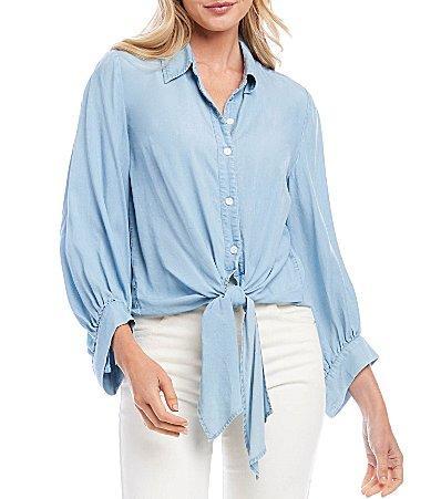 Karen Kane Point Collar Button Down Tie Front Top Product Image