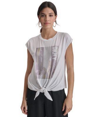 Dkny Womens Rhinestone-Cityscape Sleeveless Tie-Hem Top - Wht Product Image