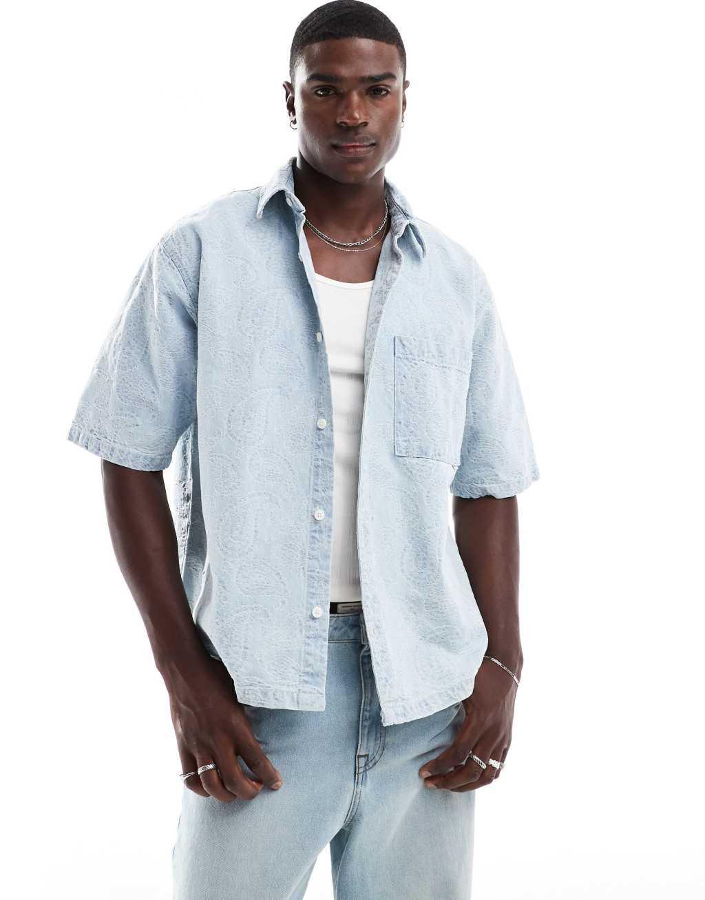 Pull&Bear jacquard denim shirt in blue Product Image