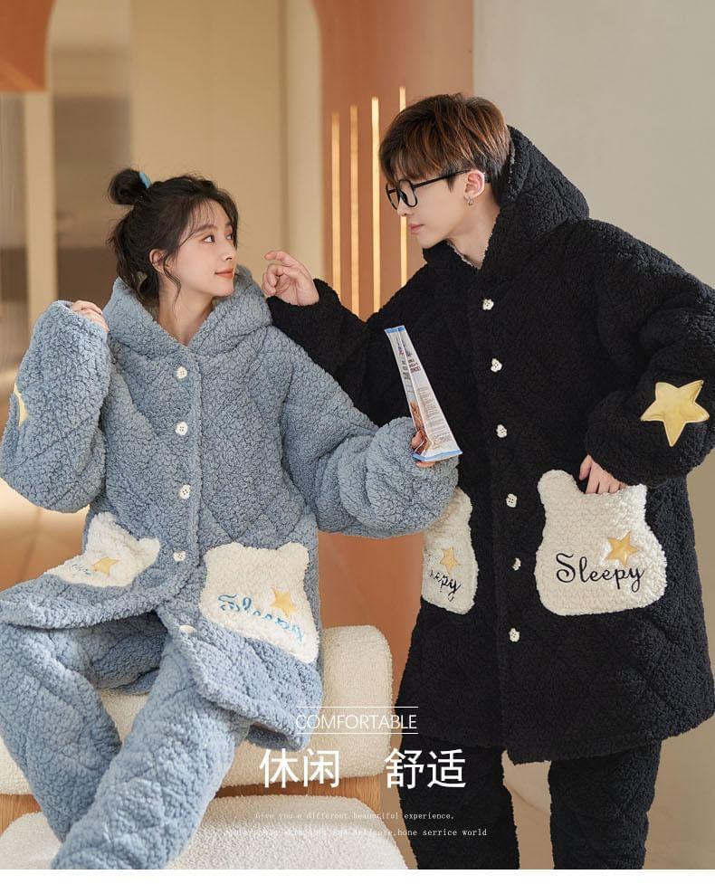 Couple Matching Pajama Set: Cartoon Patterned Hood Coral Fleece Button Jacket + Straight Leg Pants Product Image