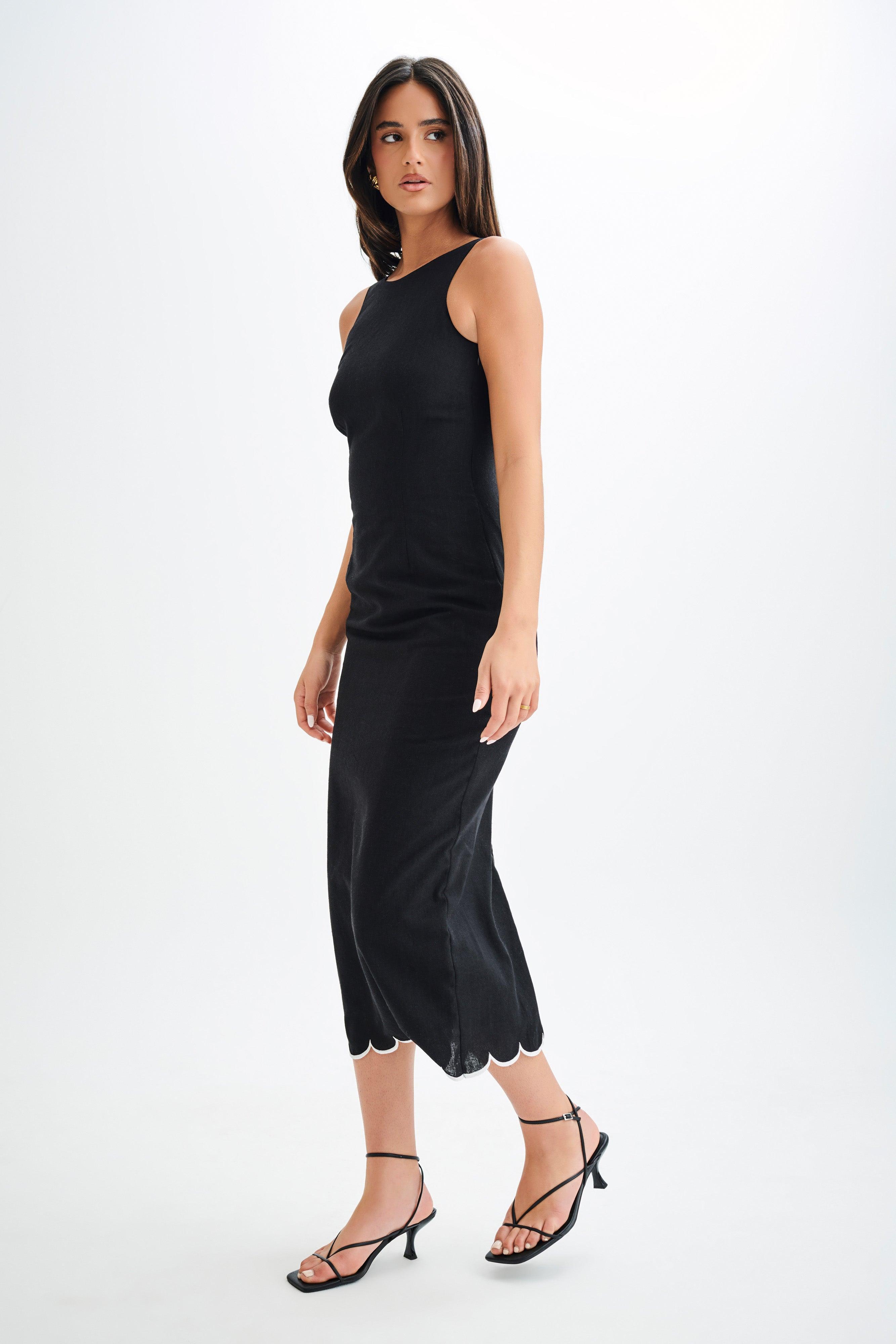 Sofiane Scalloped Linen Midi Dress - Black Product Image