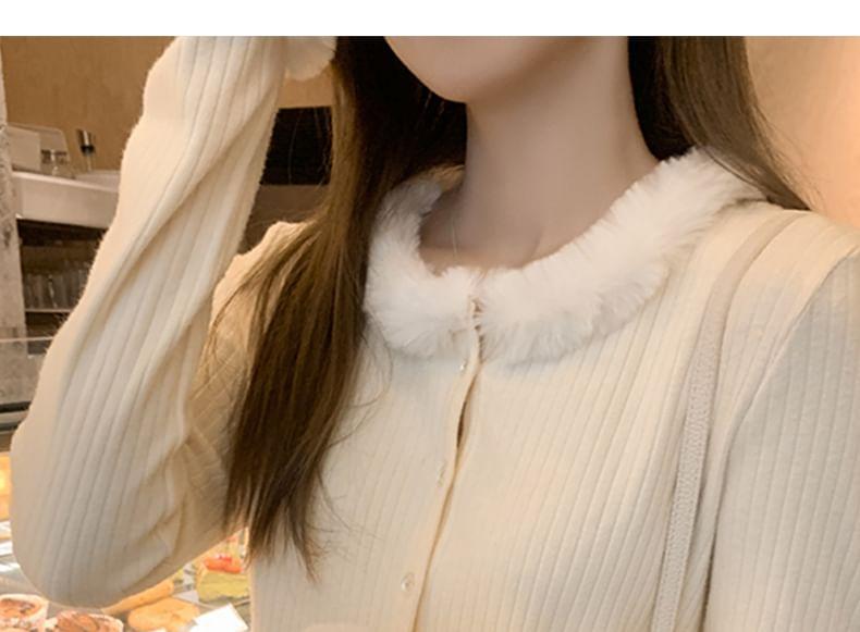 Plain Fluffy Trim Ribbed Cardigan Product Image