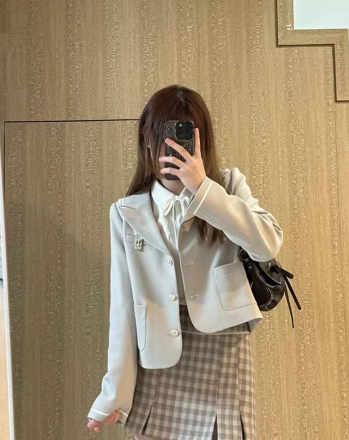 Lapel Collared Plain Single Breasted Crop Blazer / Collared Plain Shirt / High Waist Plaid Mini Pencil Skirt / Set Product Image