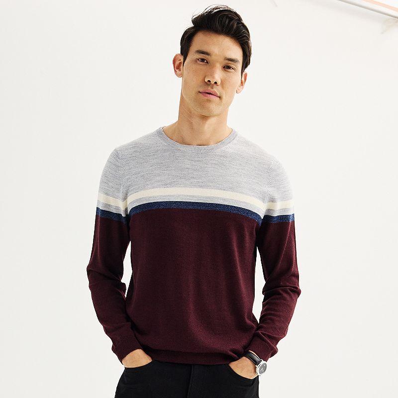 Mens Apt. 9 Merino Wool Colorblock Crewneck Sweater Red Colorblock Product Image