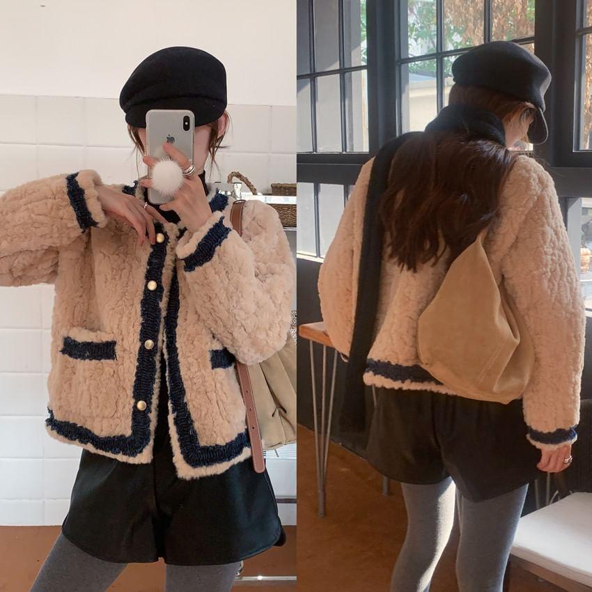 Round Neck Denim Panel Faux Fur Button Jacket Product Image