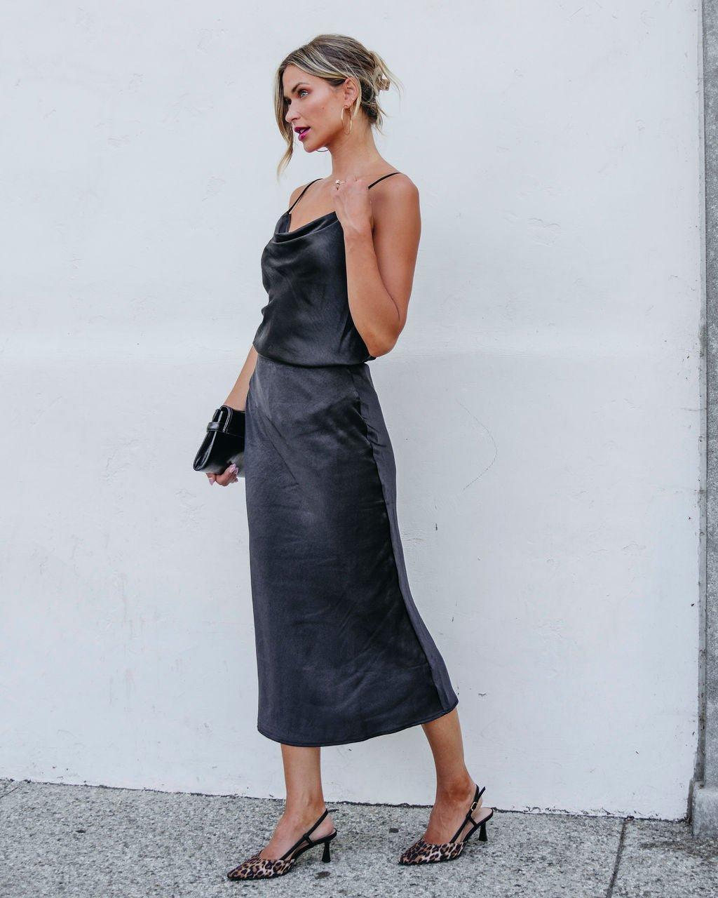 Muse By Magnolia Black Satin Midi Skirt Product Image