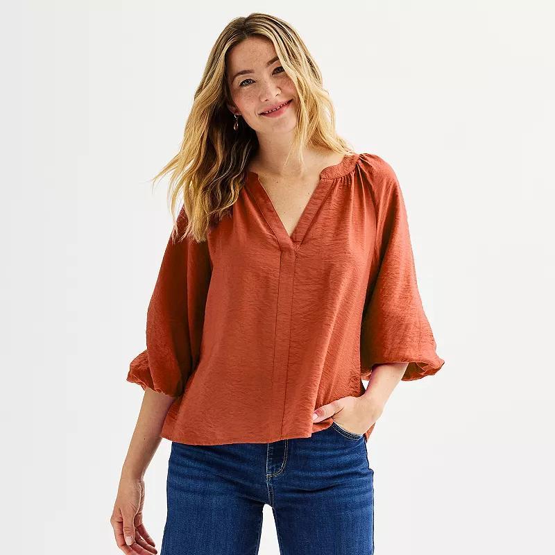 Womens Sonoma Goods For Life Shirred Balloon Sleeve Y-Neck Top Product Image