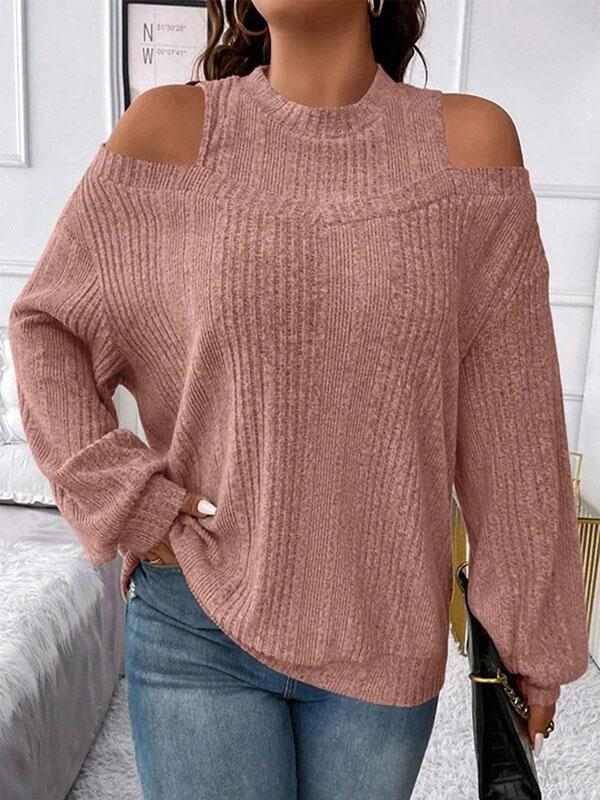 Long Sleeves Loose Hollow Solid Color Split-Joint Cold Shoulder T-Shirts Tops Product Image