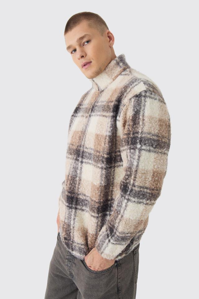 Oversized 1/4 Zip Plaid Boucle Borg Sweatshirt | boohooMAN USA Product Image