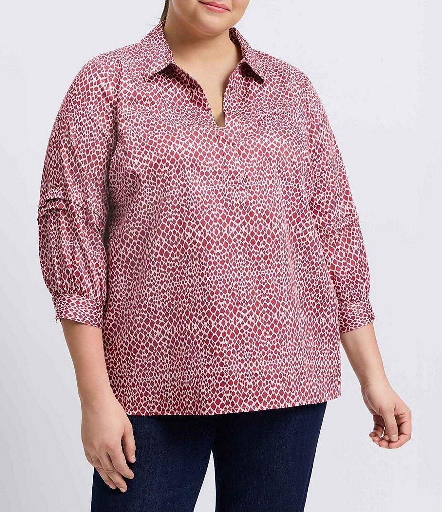 Foxcroft Plus Size Abstract Snake Print Sateen Frankie Point Collar 3/4 Pleated Sleeve Top Product Image