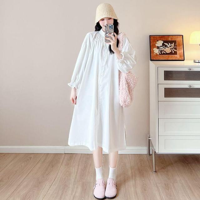 Maternity Sleeveless Slit Hem Pom Pom Knit Maxi A-Line Dress / Long-Sleeve Plain Shirt Dress Product Image