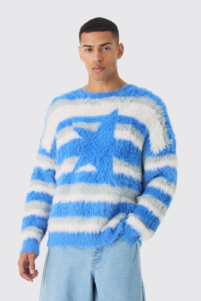 Mens Blue Oversized Boxy Super Fluffy Stripe Jumper, Blue Product Image