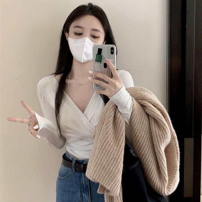 Long Sleeve V-Neck Plain Wrap Ruched Crop Top Product Image