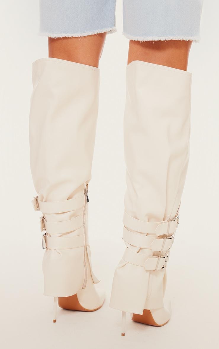 Cream PU Buckle Detail High Stiletto Heel Knee High Boots Product Image