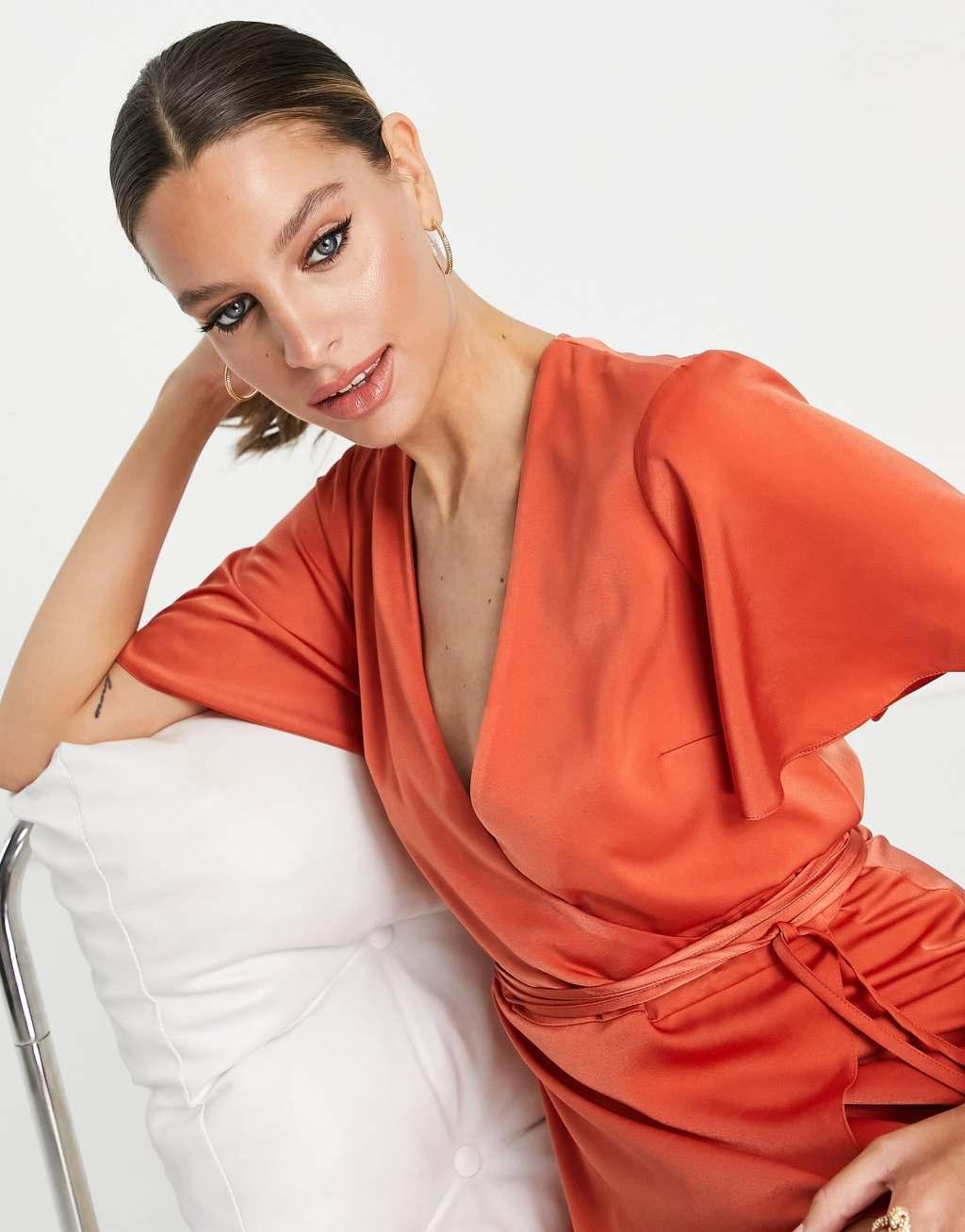 ASOS DESIGN Tall satin wrap midi dress with flutter sleeve and tie detail in rust Product Image