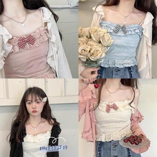 Plain Ruffle Hem Bow Camisole Top / Flared-Cuff Drawstring Ribbed Shrug Product Image