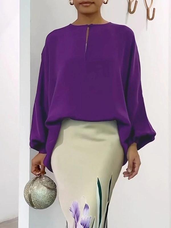 Long Sleeves Loose Hollow Solid Color Round-Neck Blouses&Shirts Tops Product Image