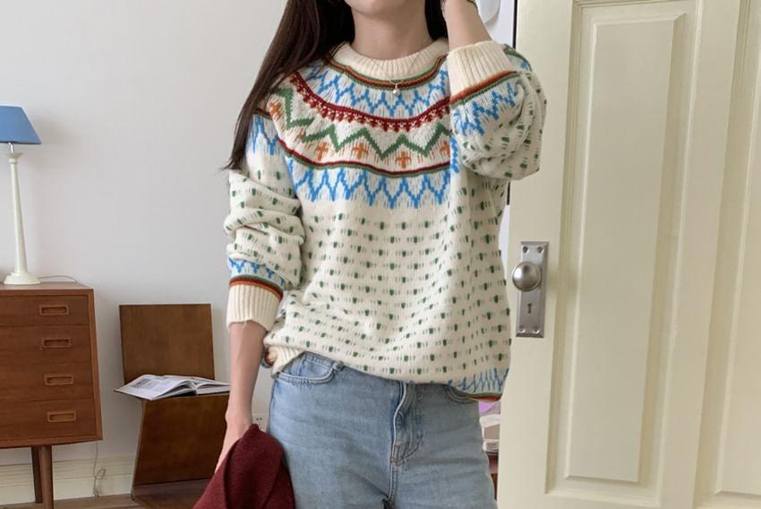 Crew Neck Patterned Sweater Product Image