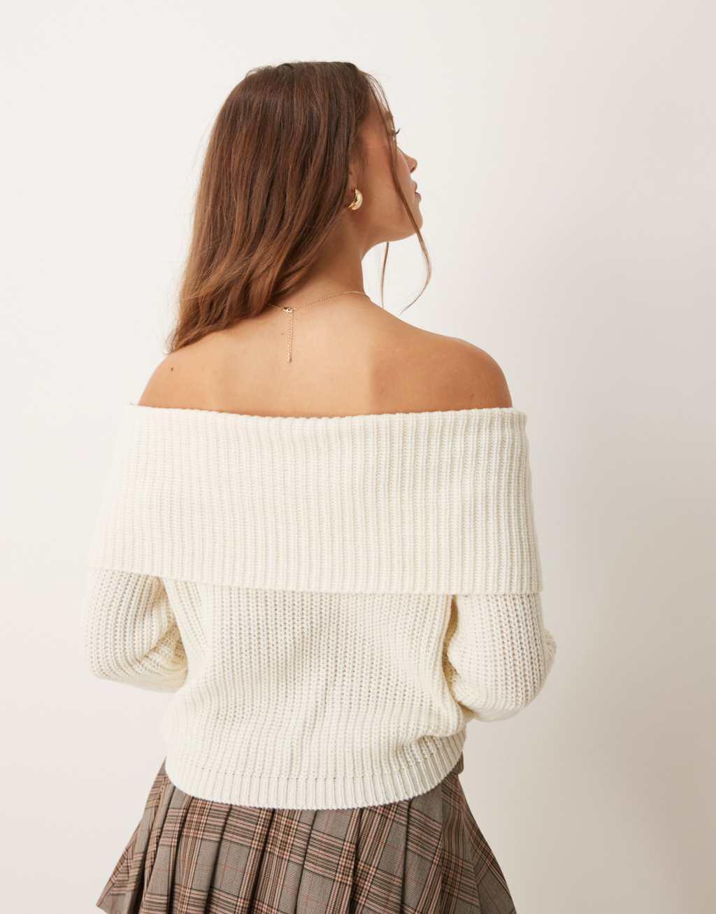 JDY off shoulder ribbed knitted sweater in cream Product Image