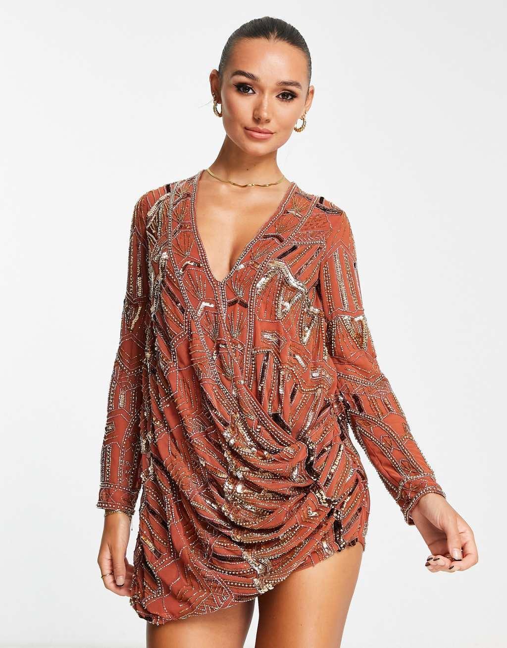 ASOS DESIGN embellished shift mini dress with drape front detail in rust Product Image