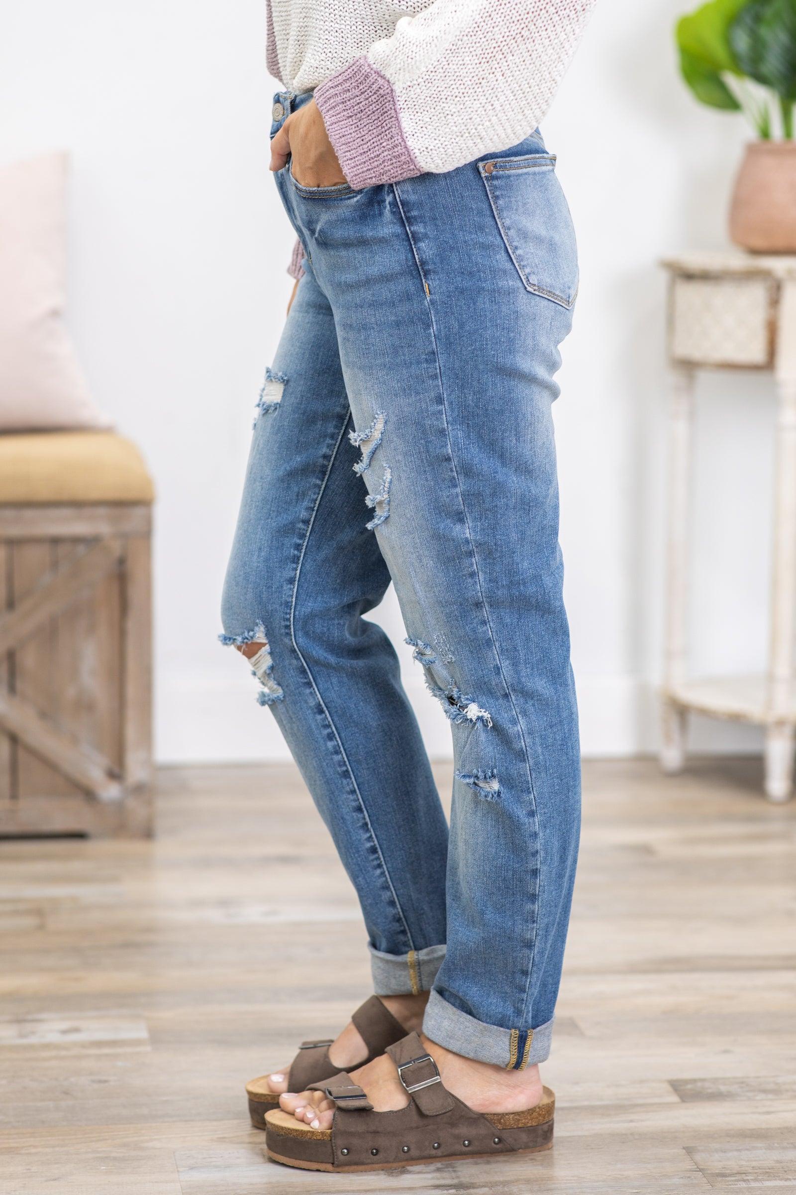 Judy Blue Cuffed Boyfriend Jean With Distress Product Image