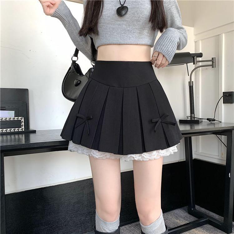 High Waist Plain Bow Lace Trim Pleated Mini A-Line Skirt Product Image