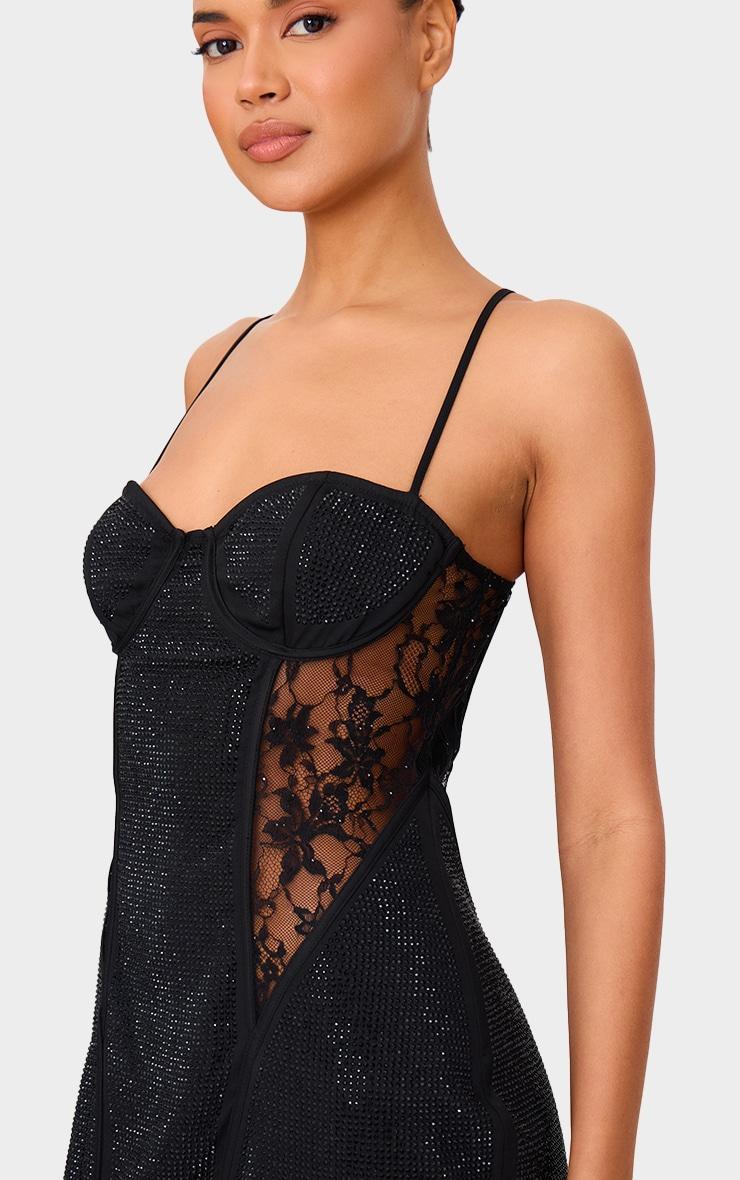 Black Premium Diamante Lace Cup Detail Mini Dress Product Image