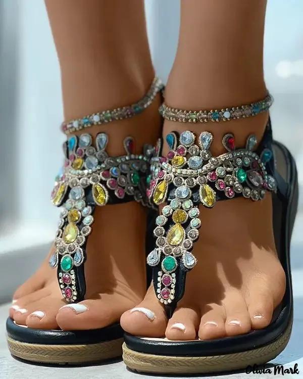 Olivia Mark – Bohemian T-Strap Gemstone Sandals Product Image