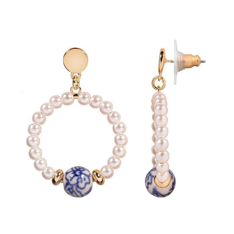 LC Lauren Conrad Gold Tone Ceramic Floral Bead & Simulated Pearl Open Circle Nickel Free Drop Earrings, Womens Product Image