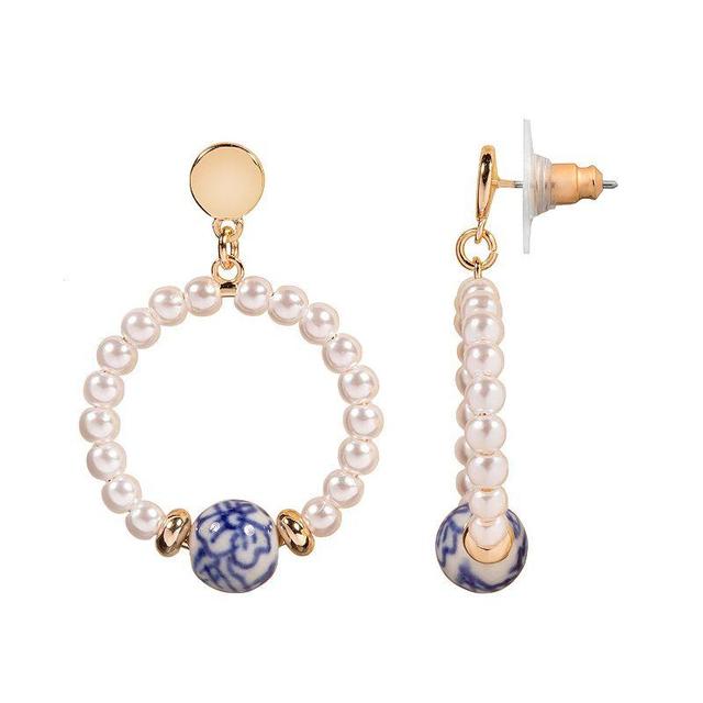 LC Lauren Conrad Gold Tone Ceramic Floral Bead & Simulated Pearl Open Circle Nickel Free Drop Earrings, Womens Product Image