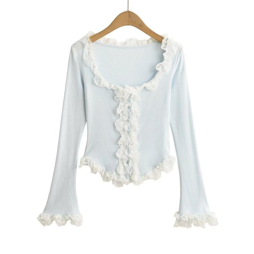 Long-Sleeve Scoop Neck Frill Trim Plain Top Product Image