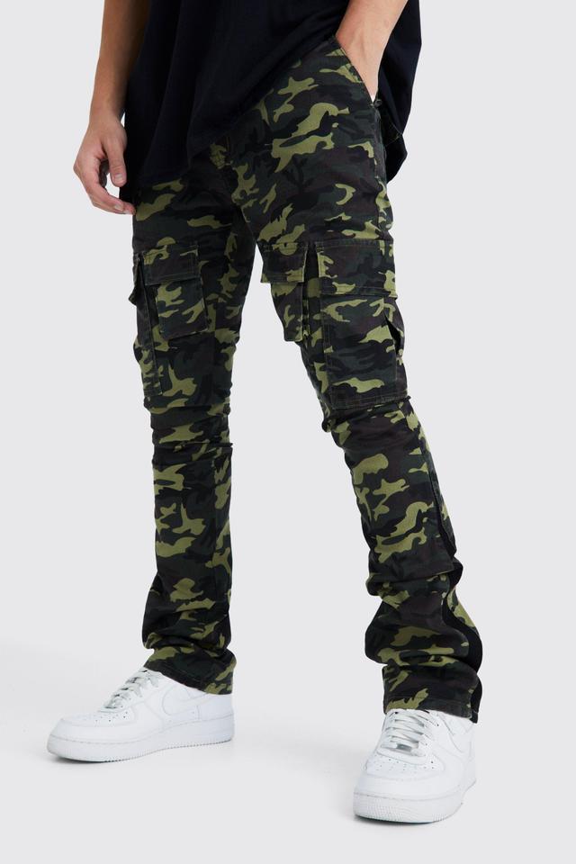 Skinny Stacked Flare Gusset Camo Cargo Trouser | boohooMAN USA Product Image