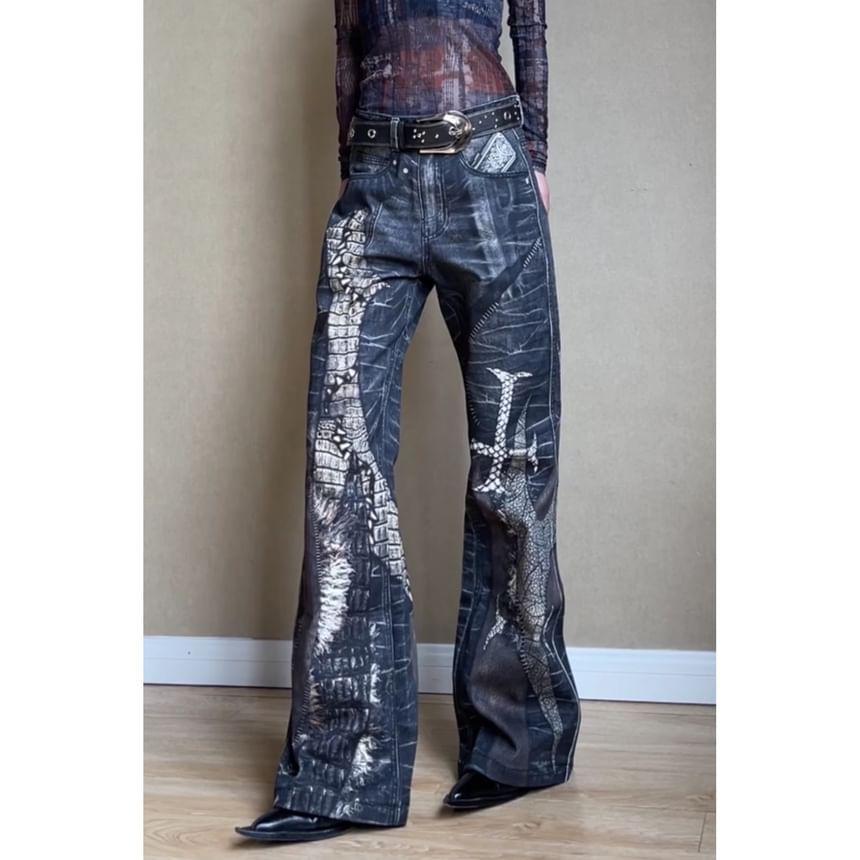 Low Waist Patterned Flared Jeans Product Image