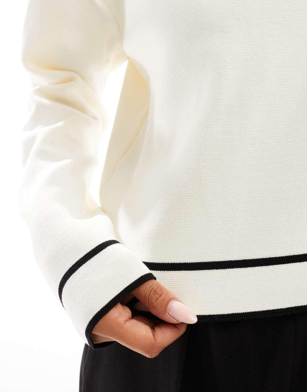 Mango contrast neck sweater in white and black Product Image