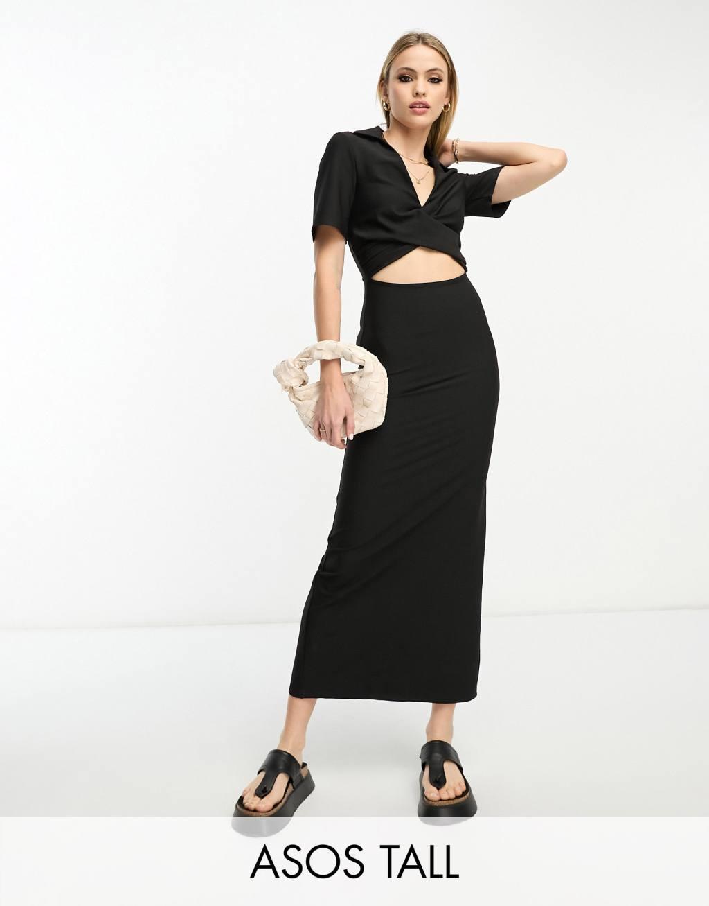 ASOS DESIGN Tall collar twist front midi dress with cut out in black Product Image