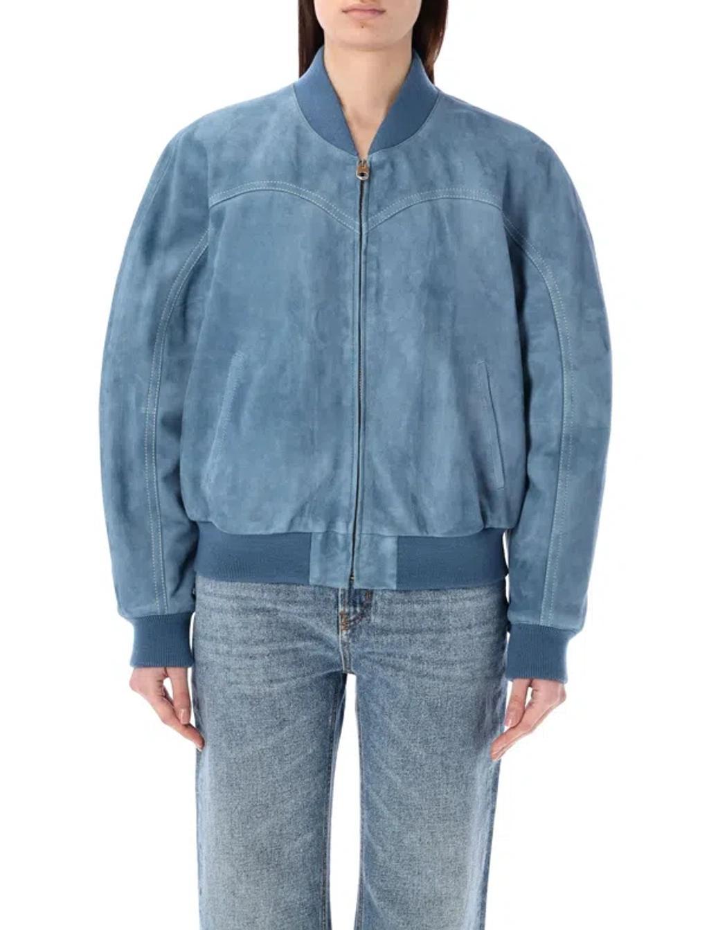 Light Blue Leather Bomber Jacket For Women Product Image