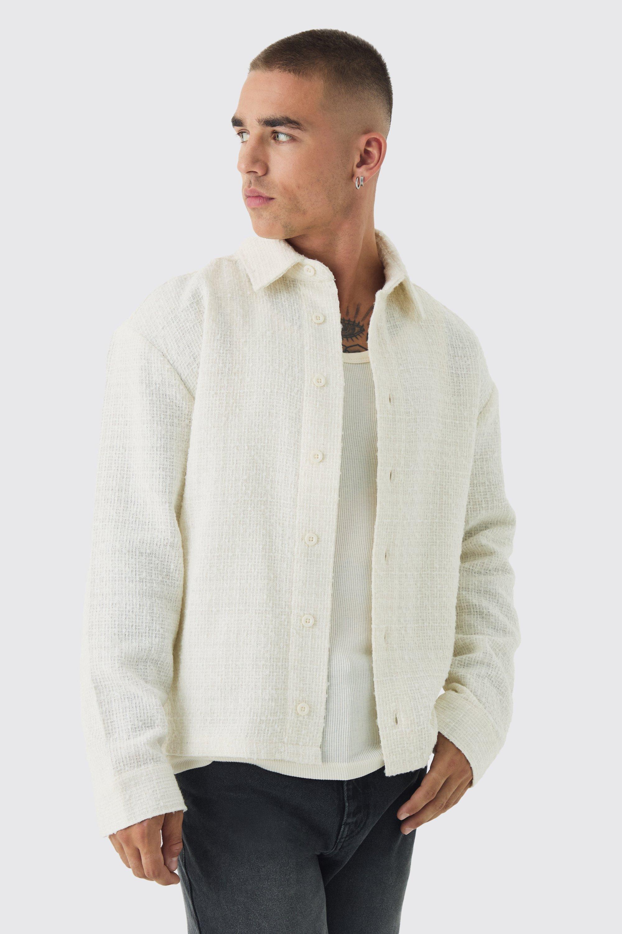 Mens Beige Regular Fit Boucle Overshirt, Beige Product Image